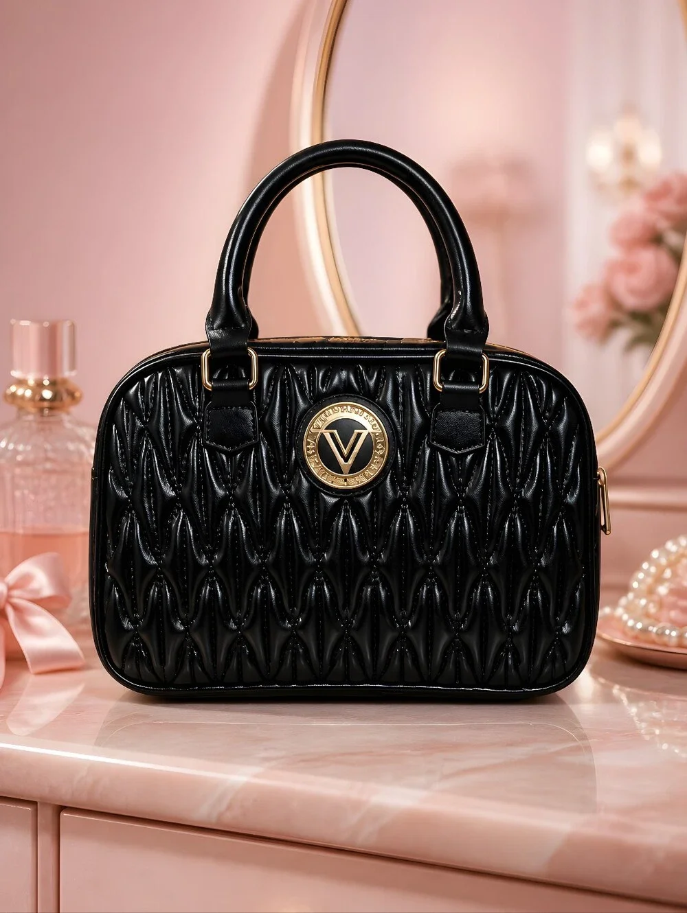 NWT Valentino Orlandi Black Quilted Leather Crossbody Satchel Gold V Logo
